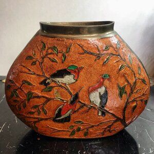 Vintage Solid Brass Ornate Decorative Vase with Birds Pre-Owned